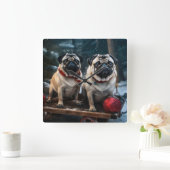 Pug Snowy Sleigh Kerstmisdecor Vierkante Klok (Huis)