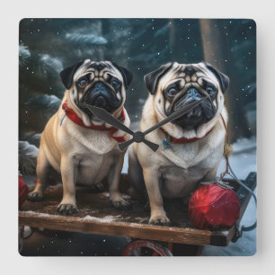 Pug Snowy Sleigh Kerstmisdecor Vierkante Klok