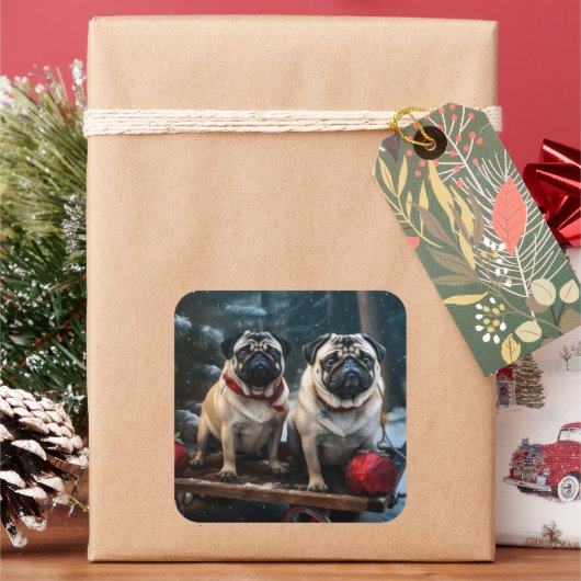 Pug Snowy Sleigh Kerstmisdecor Vierkante Sticker (Feestdagen)