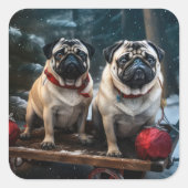 Pug Snowy Sleigh Kerstmisdecor Vierkante Sticker (Voorkant)