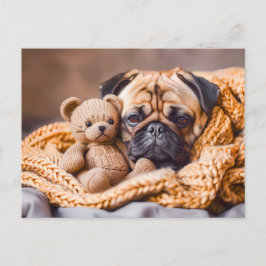Pug Snuggling with Teddy Bear Blanket Briefkaart