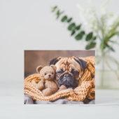 Pug Snuggling with Teddy Bear Blanket Briefkaart (Staand voorkant)