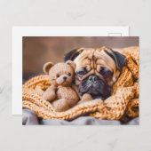 Pug Snuggling with Teddy Bear Blanket Briefkaart (Voorkant / Achterkant)