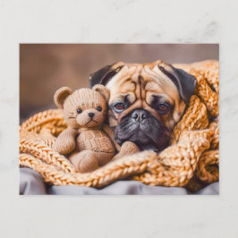 Pug Snuggling with Teddy Bear Blanket Briefkaart