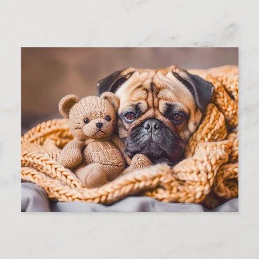 Pug Snuggling with Teddy Bear Blanket Briefkaart (Voorkant)