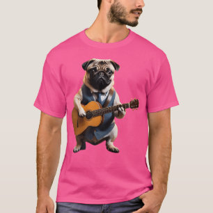 Pug spelen akoestische gitaar Schattigee hondenmuz T-shirt