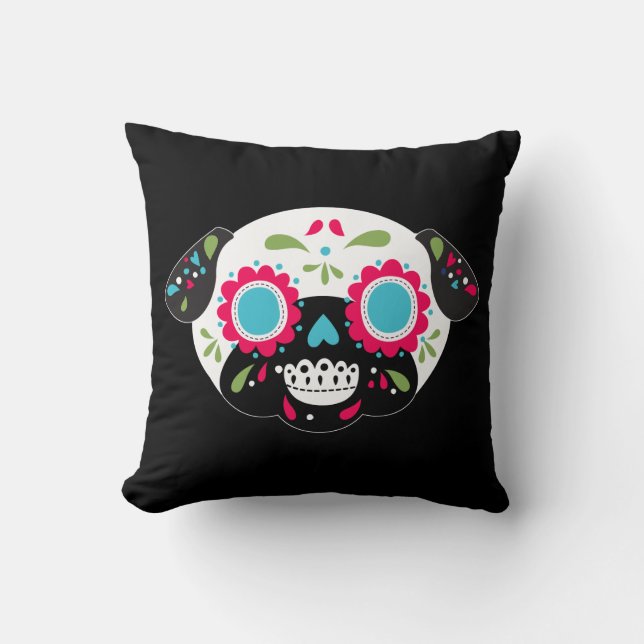 Pug Sugar Skull Front Patroon op rug Kussen (Voorkant)