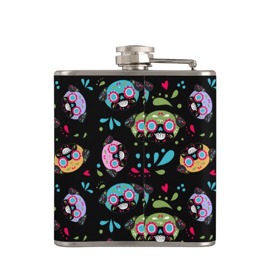 Pug Sugar Skull Pattern op Black Heupfles (Achterkant)