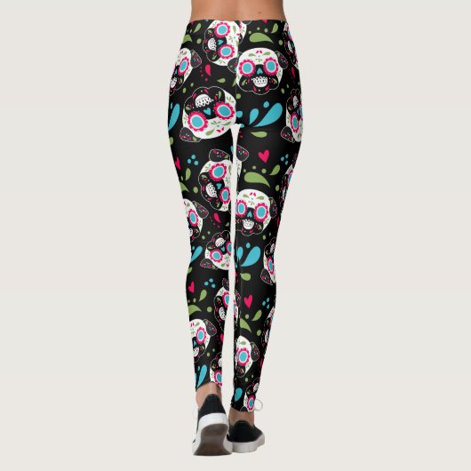 Pug Sugar Skull Pattern op Black Leggings (Achterkant)
