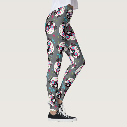 Pug Sugar Skull Pattern op Grey Leggings (Rechts)