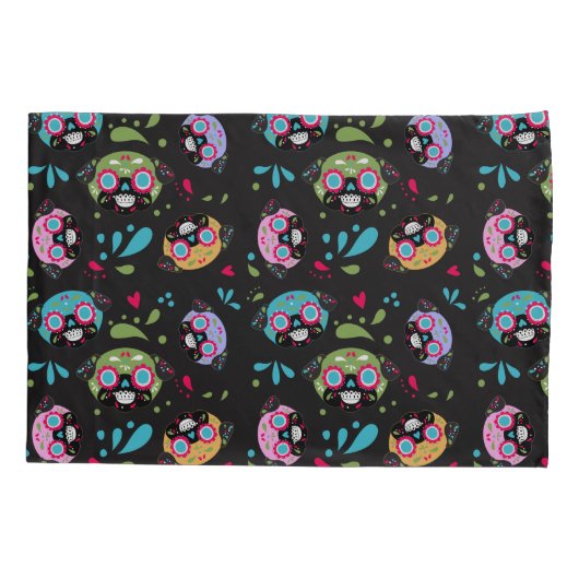 Pug Sugar Skulls Pillowcase Set Paars en Blue Kussensloop (Achterkant-Links)