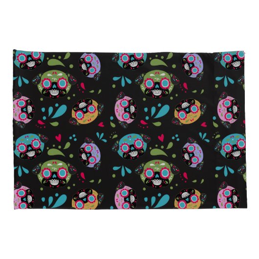 Pug Sugar Skulls Pillowcase Set Roze en Blue Kussensloop (Achterkant-Rechts)