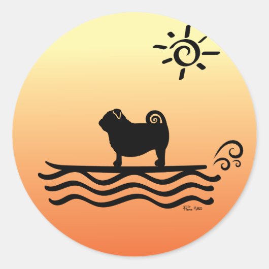 Pug Surf Classic Round Sticker (Voorkant)