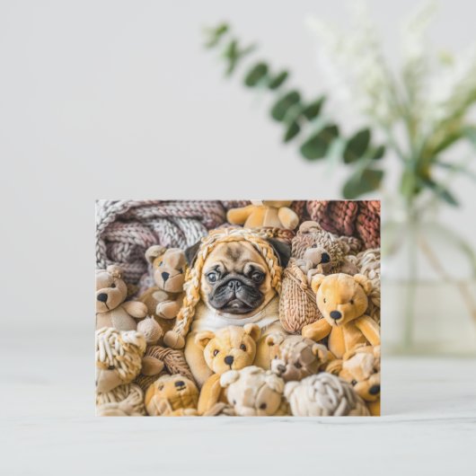 Pug Surrounded by Plush Teddy Bears Briefkaart (Staand voorkant)