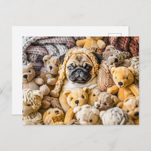 Pug Surrounded by Plush Teddy Bears Briefkaart (Voorkant / Achterkant)
