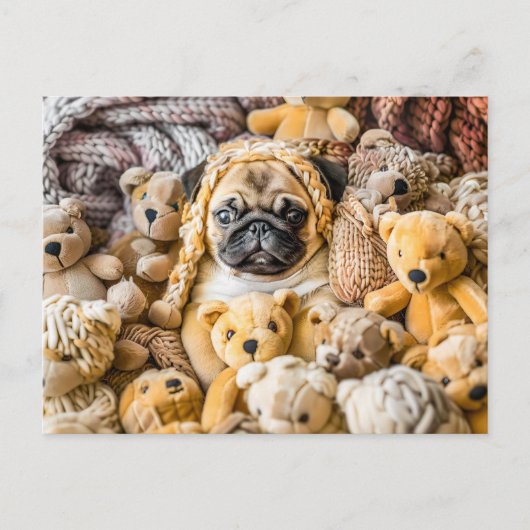 Pug Surrounded by Plush Teddy Bears Briefkaart (Voorkant)
