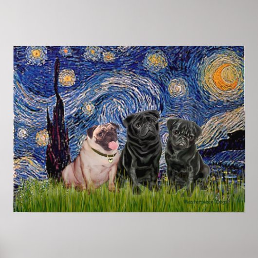 Pug Trio (1V,2B) - Sterrennacht Poster (Voorkant)