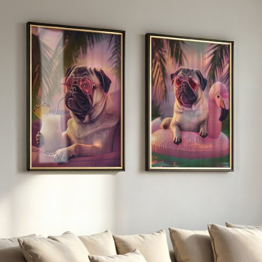 Pug Tropical Summer Vibes Pet Portrait Muurkunst Sets