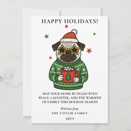 Pug Ugly Sweater Christmas Hot Cocoa Marshmallow  Feestdagenkaart (Voorkant)