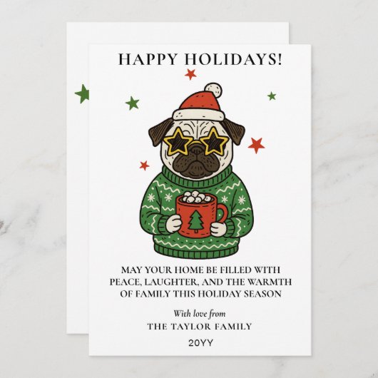Pug Ugly Sweater Christmas Hot Cocoa Marshmallow Feestdagenkaart (Voorkant / Achterkant)