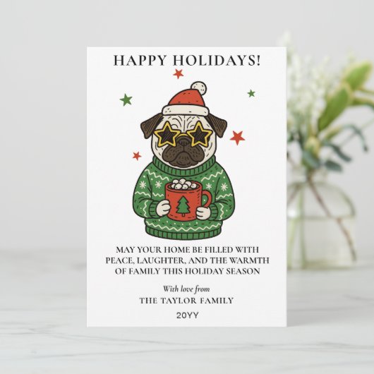 Pug Ugly Sweater Christmas Hot Cocoa Marshmallow Feestdagenkaart (Staand voorkant)