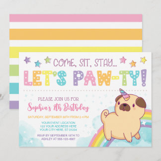 Pug Unicorn Birthday Invitation Pug Birthday Kaart