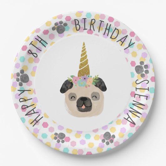 Pug Unicorn Birthday Party Papieren Bordje (Voorkant)