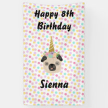 Pug Unicorn Little Girl Birthday Party Banner