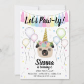 Pug Unicorn Puppy Dog Birthday Pawty Kaart (Voorkant)