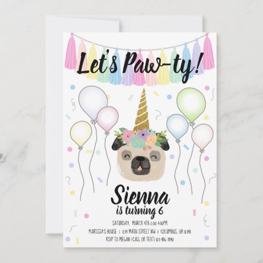 Pug Unicorn Puppy Dog Birthday Pawty Kaart (Voorkant)