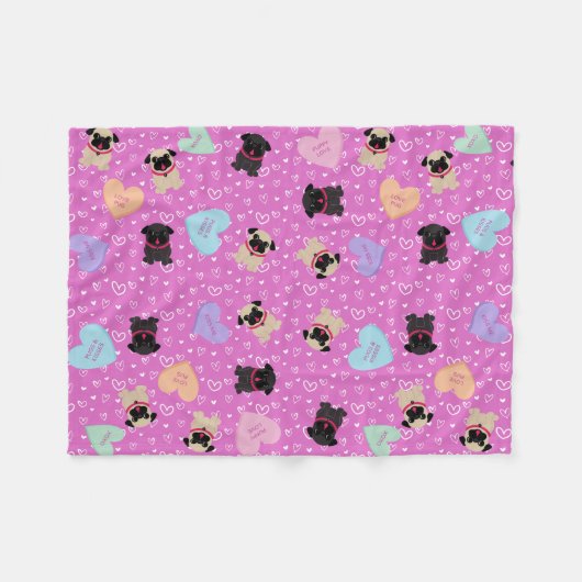 Pug Valentijn Snoep Hearts Fleece Deken (Voorkant (Horizontaal))
