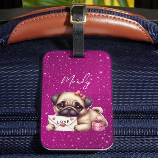 Pug Valentijnsdag Gepersonaliseerde Pug Puppy Lief Bagagelabel (Voorkant Insitu 2)