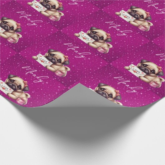 Pug Valentijnsdag Gepersonaliseerde Pug Puppy Lief Cadeaupapier (Hoek)