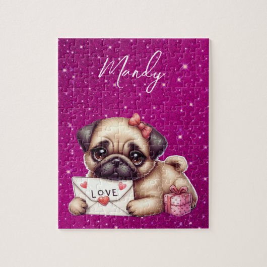 Pug Valentijnsdag Gepersonaliseerde Pug Puppy Lief Legpuzzel (Verticaal)