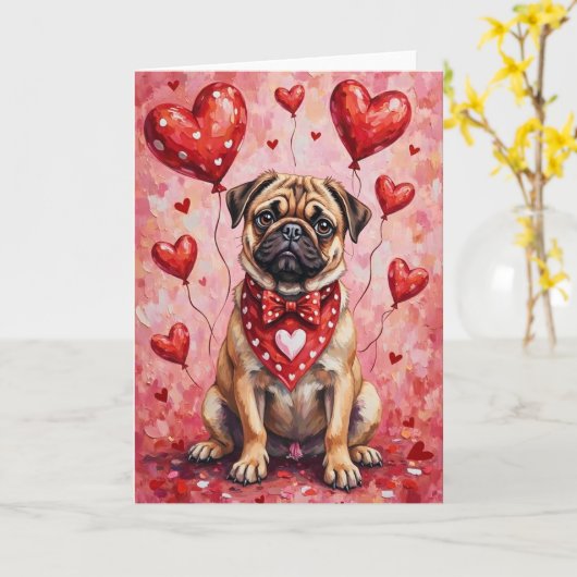 Pug Valentine’s Day Dog with Hearts Red Kaart (Gele Bloem)