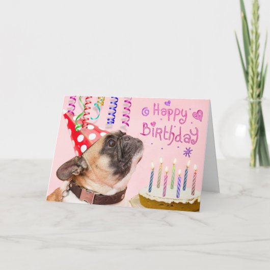 Pug van de partij en de Cake van de Verjaardag Kaart (Voorkant)