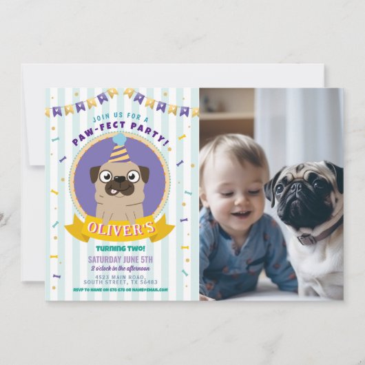 Pug Verjaardag Doggy Party Dog Confetti Blue Kaart (Voorkant)
