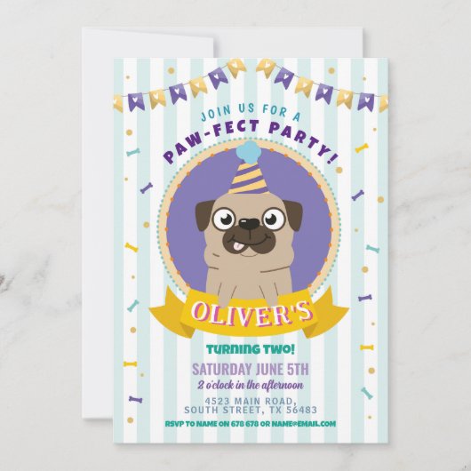 Pug Verjaardag Doggy Party Dog Confetti Blue Kaart (Voorkant)