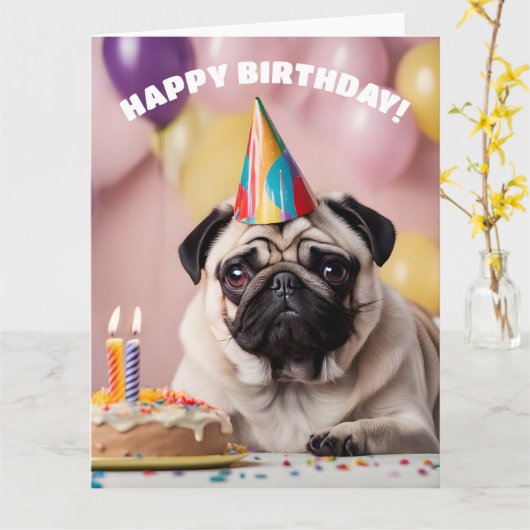 Pug verjaardagsfeestje kaart (Gele Bloem)