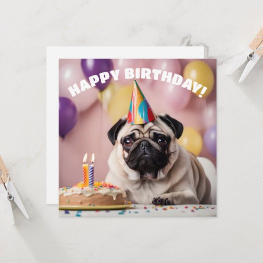 Pug verjaardagsfeestje kaart (Voorkant / Achterkant in situ)