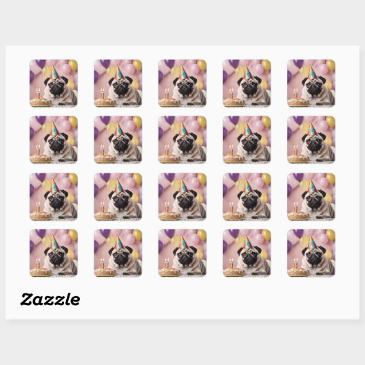 Pug verjaardagsfeestje vierkante sticker (Vel)
