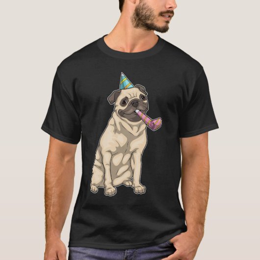 Pug Verjaardagshoorn Party pet T-shirt (Voorkant)