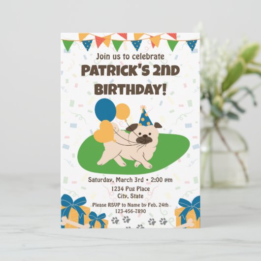 PUG verjaardagsuitnodiging Kaart (Staand voorkant)