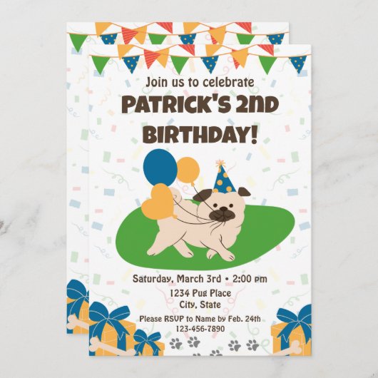 PUG verjaardagsuitnodiging Kaart (Voorkant / Achterkant)