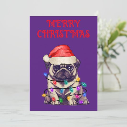 "PUG VERPAKT IN KERSTVERLICHTING" KAART (Staand voorkant)