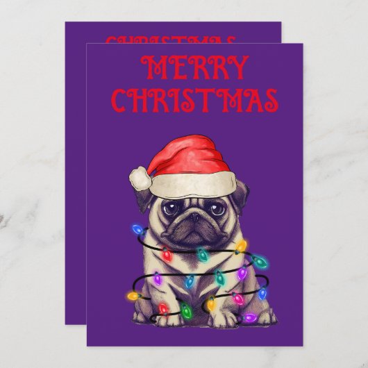 "PUG VERPAKT IN KERSTVERLICHTING" KAART (Voorkant / Achterkant)