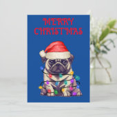 "PUG VERPAKT IN KERSTVERLICHTING" KAART (Staand voorkant)
