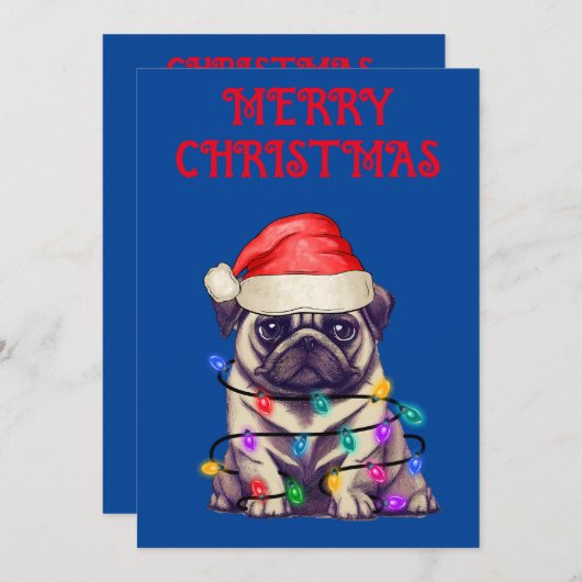 "PUG VERPAKT IN KERSTVERLICHTING" KAART (Voorkant / Achterkant)