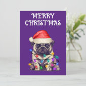 "PUG VERPAKT IN KERSTVERLICHTING" KAART (Staand voorkant)