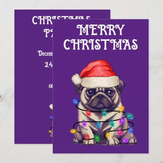 "PUG VERPAKT IN KERSTVERLICHTING" KAART (Voorkant / Achterkant)